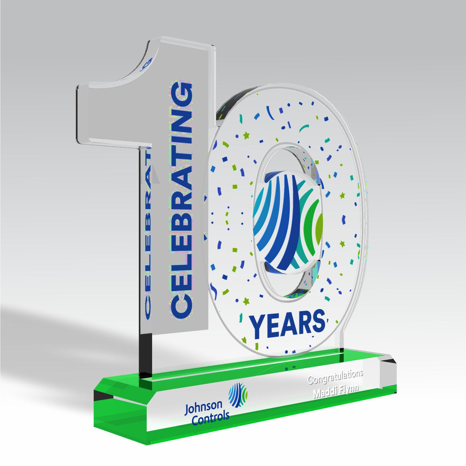 Johnson Controls 10 Year Celebration custom acrylic award