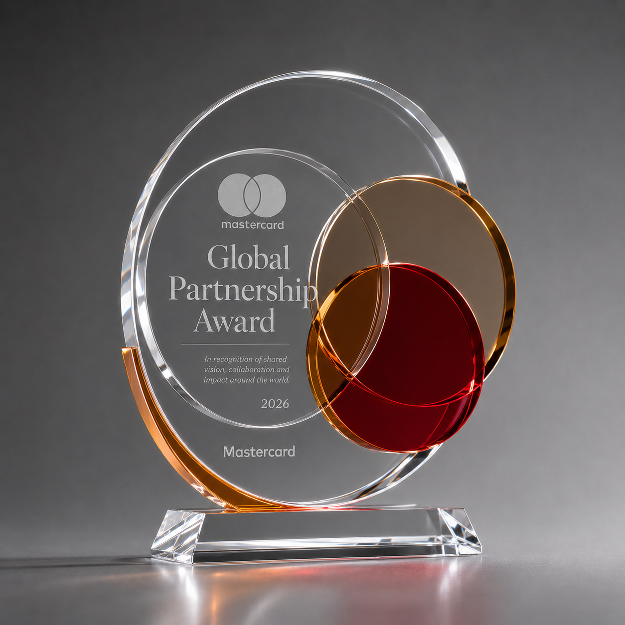 Mastercard Global Partnership custom Optical Crystal with Amber & Red Color Fill award